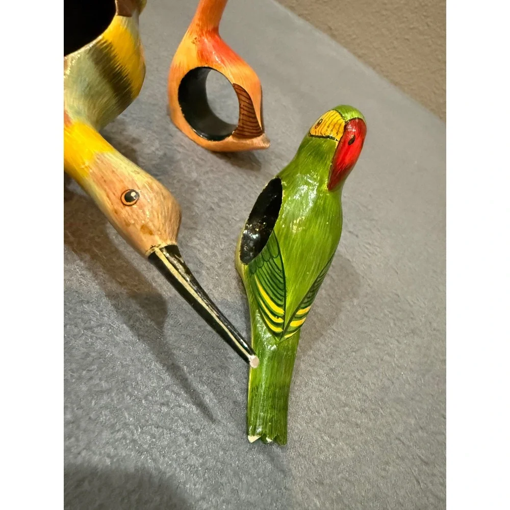 Vintage Hand Painted Wooden Bird Napkin Rings Set of 4 Tropical Folk Art Decor